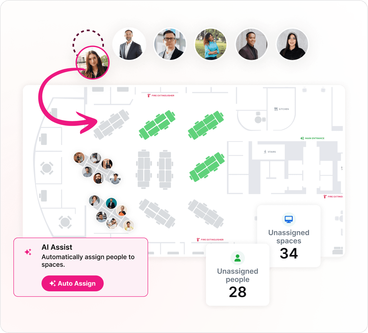 Space planning: AI Assist assigns people to spaces on a floor plan, with unassigned people and spaces counted.
