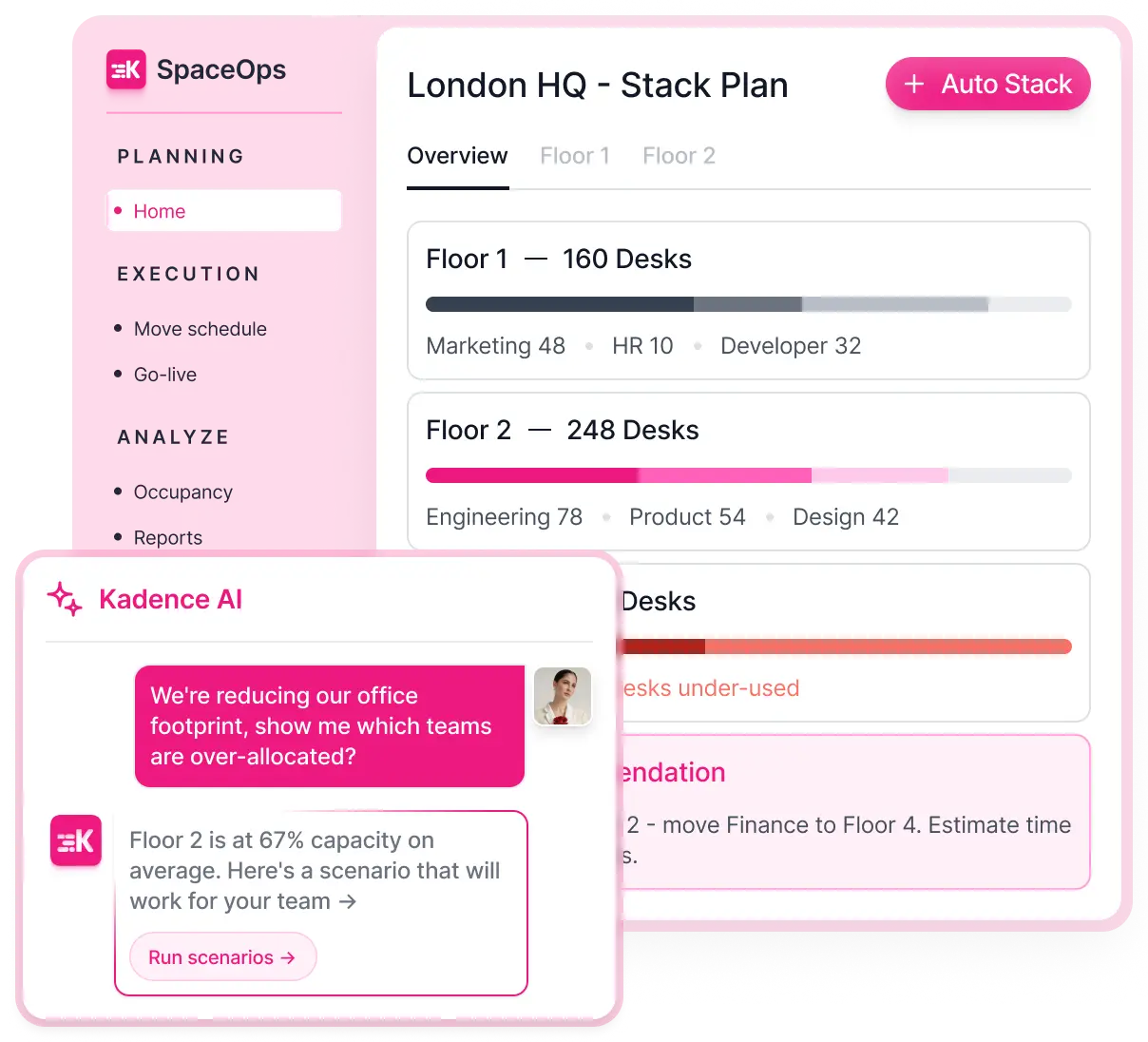Scenario modeling: Kadence AI proposes moving Finance to Floor 4 with the estimated impact.
