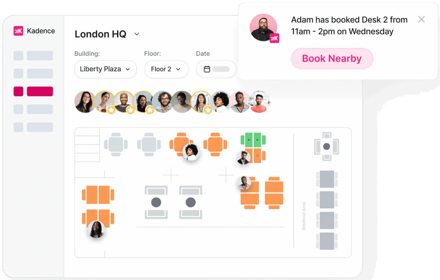 WorkOps desk booking: the London HQ floor plan with teammates on desks and a prompt to book nearby a colleague